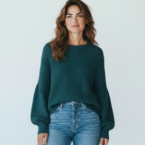 Wooden Ships Mohair Wool Blend Balloon Sleeve Sweater Women's‎ S/M Teal Boxy EUC